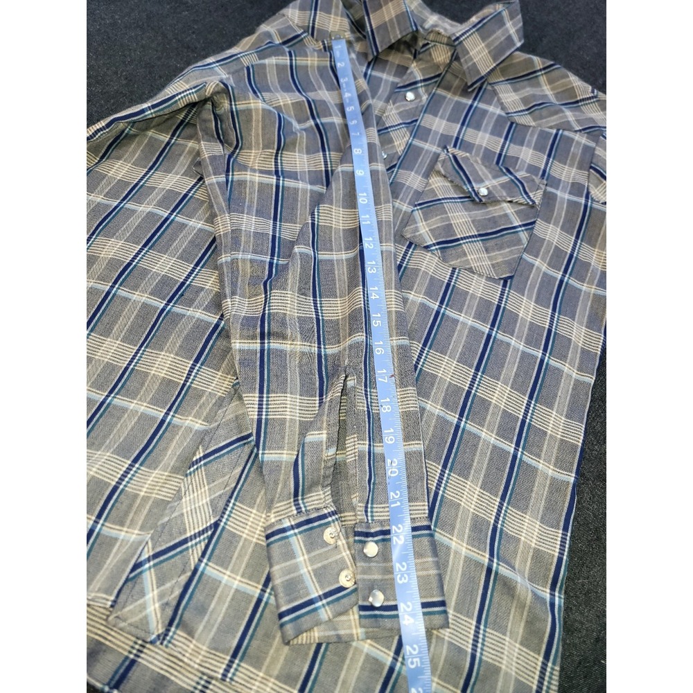 Vintage 70s Rancher Western Wear Mens Button Up Blue Plaid Pearl Snap Size L USA - Picture 12 of 13